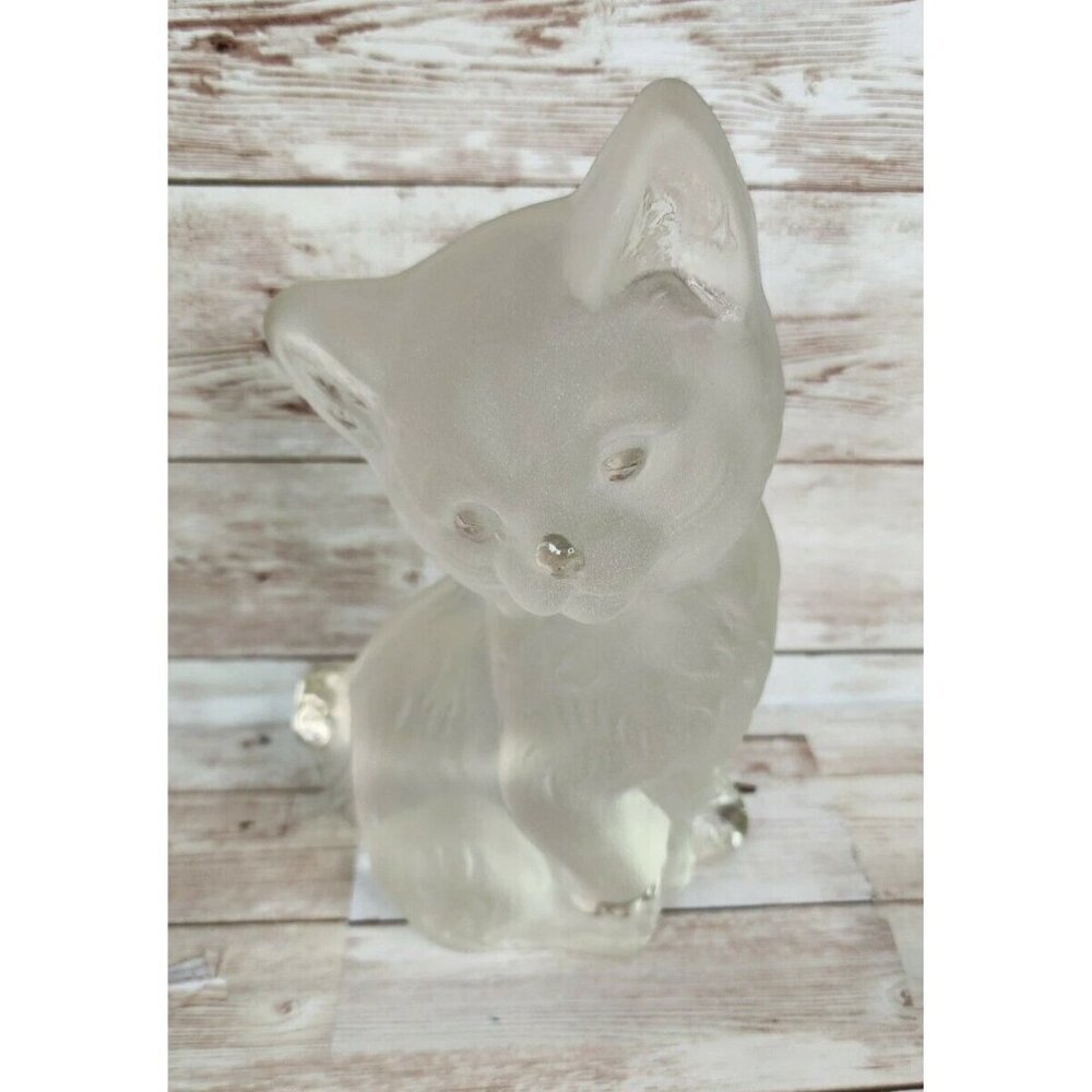 Viking Frosted Glass Cat Kitten Figure Paperweight Bookend Original Sticker 6.5”